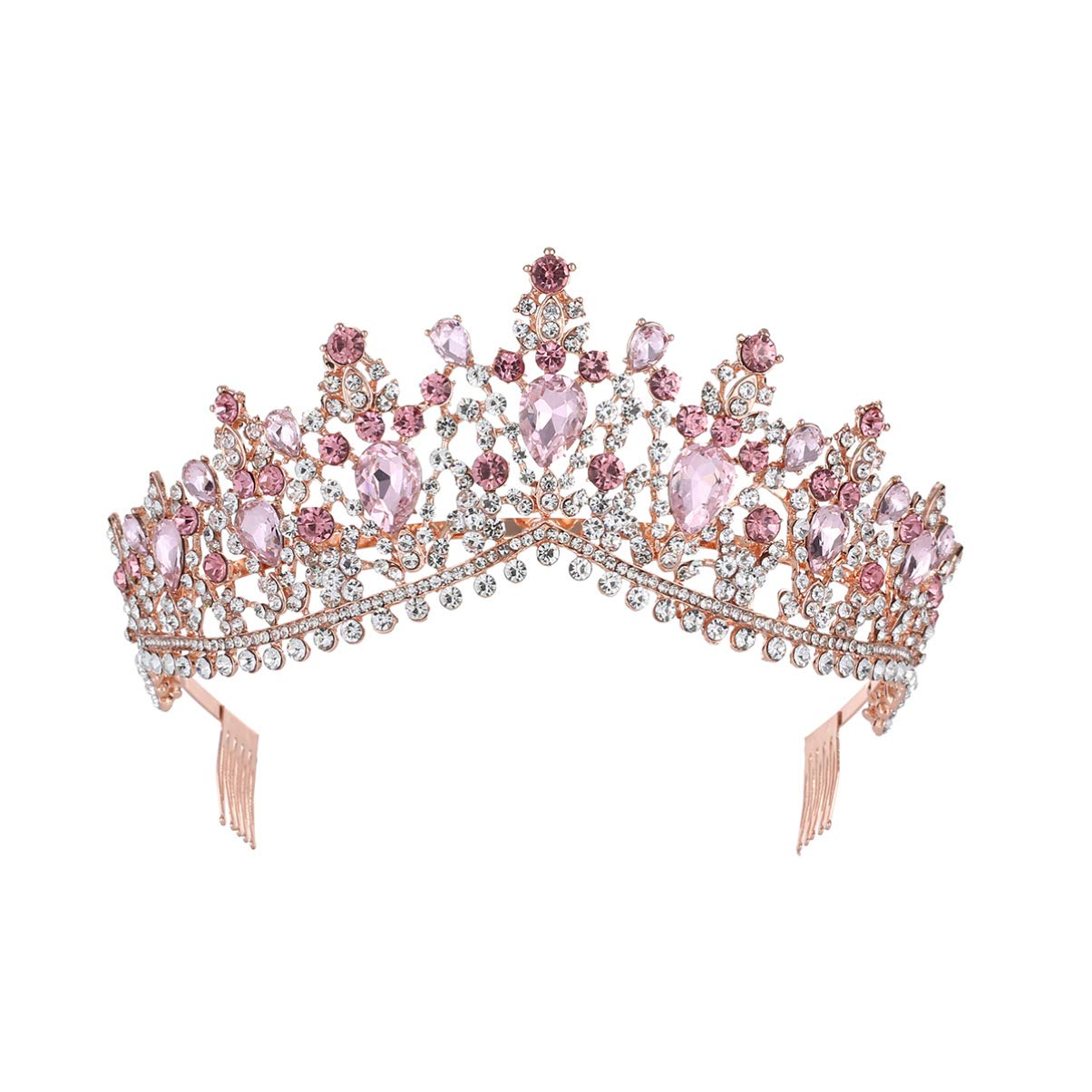 Minkissy Women Tiara with Comb, Crystal Crown Rhinestone Tiaras Headband Queen Princess Bride Crown for Lady Woman Girl (Golden and Pink Rhinestone)