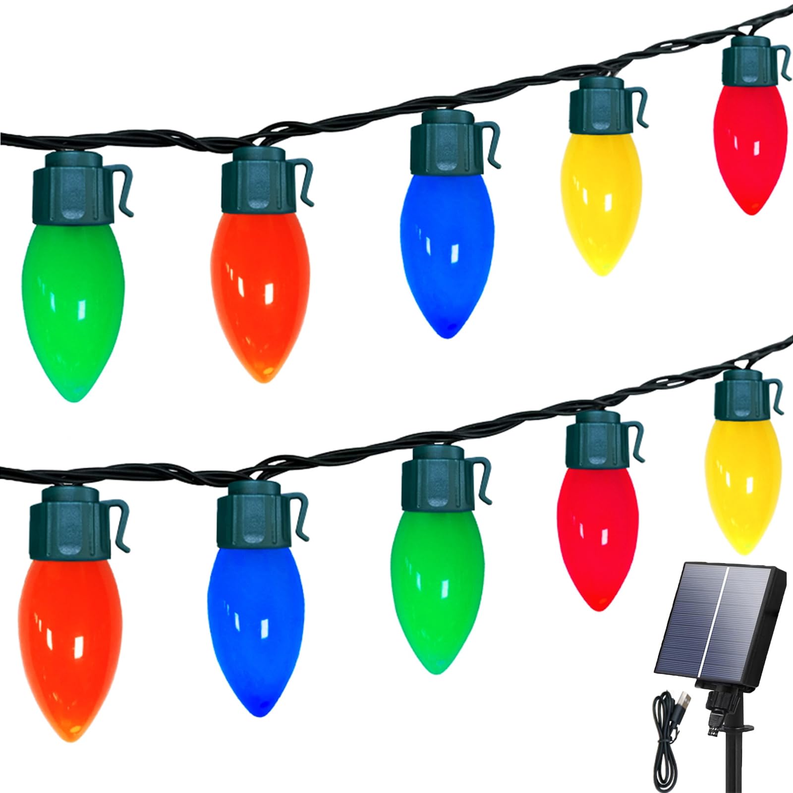 Photo 1 of ***PARTS ONLY*** ***NONFUNCTIONAL*** HSXLXSC C9 Solar Christmas Lights, 33ft 50LEDs Outdoor Christmas String Lights, 8 Lighting Modes, IP65 Waterproof Outdoor Indoor Vintage Fairy Lights for Christmas Tree Party Decor