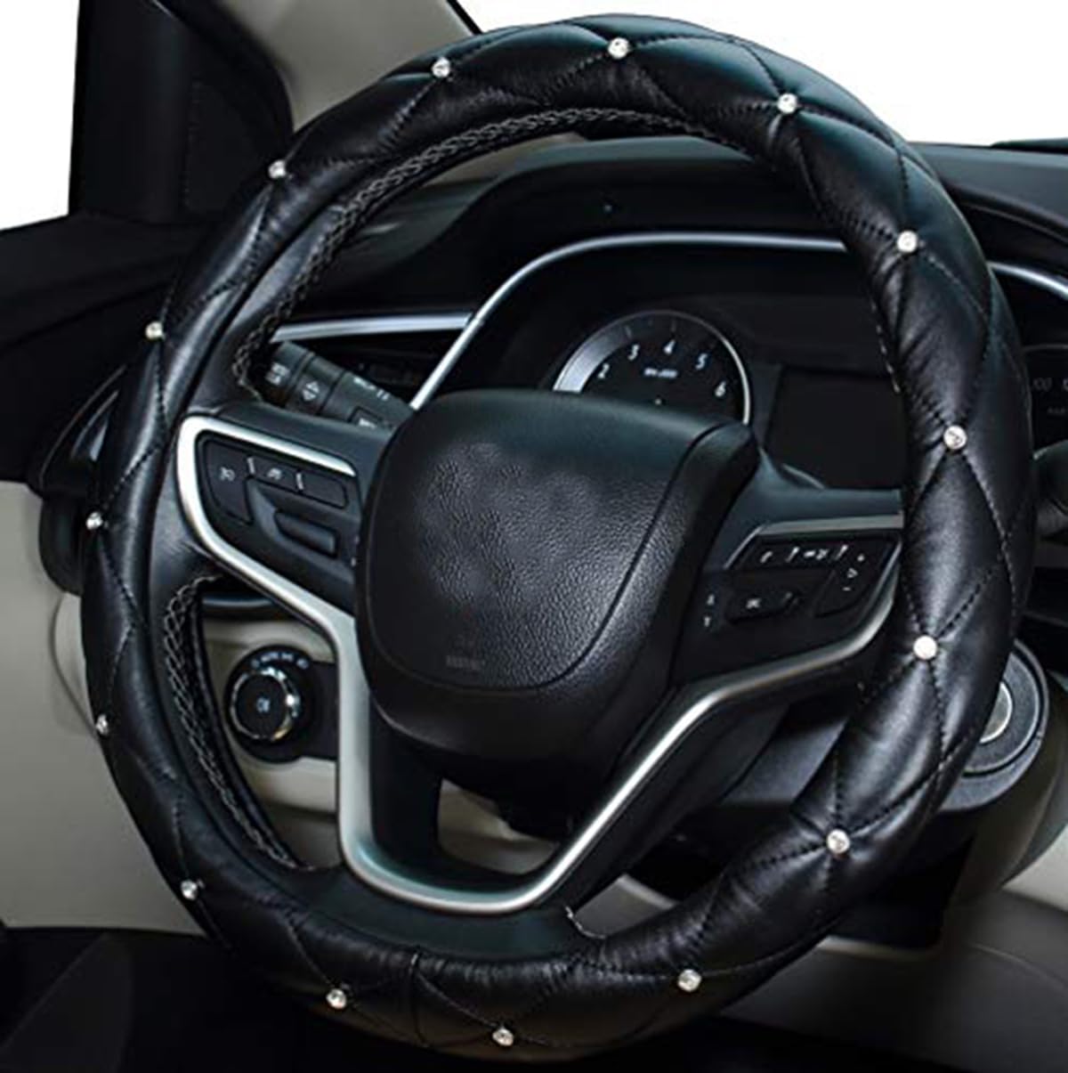 Diamond Steeing Wheel Cover for Women,Leather Bling Cute Car Steering Wheel Cover Universal 15inch with Crystal Diamond (Black)