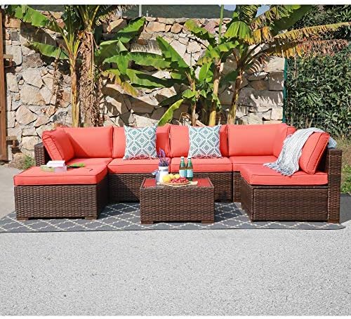 Amazon Com Oc Orange Casual Patio Furniture Set Outdoor Conversation Rattan Wicker Sectional Sofa With Coffee Table Seat Cushions Garden Backyard Pool 7 Piece Set Garden Outdoor