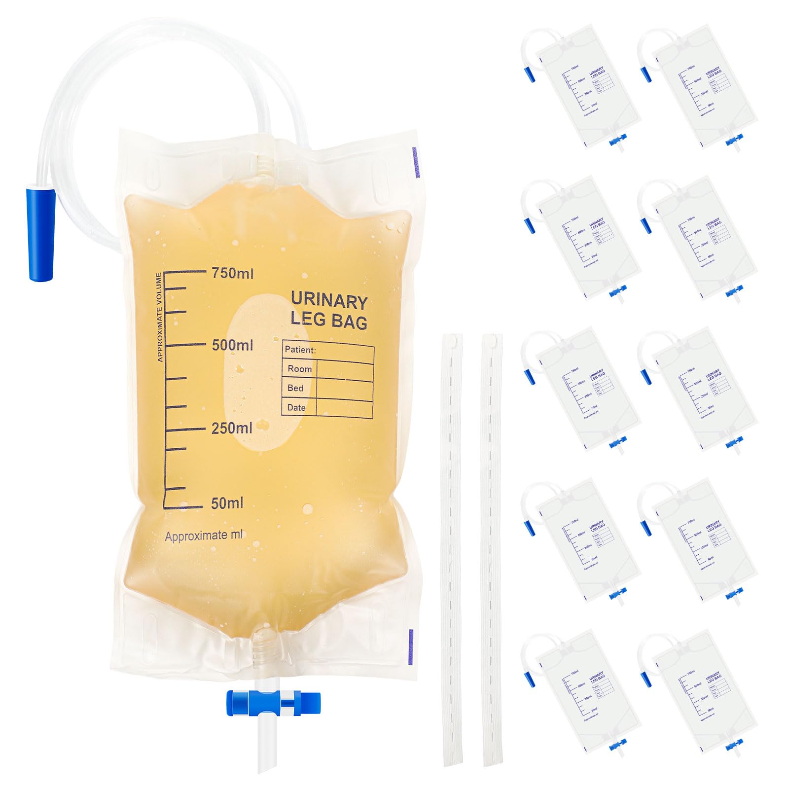 Photo 1 of 10-Pack Urine Drainage Bags 750 ML with Soft Adjustable Straps, Anti-Reflux Valve, and Easy-Drain Switch Urinary Leg Bags Suitable for Home and Hospitals Health Aids