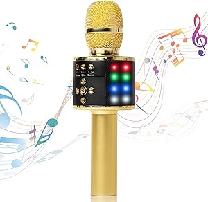 Fifth Avenue-Store Wireless Bluetooth Karaoke Microphone with Multi-color LED Lights, 4 in 1 Portable Handheld Home Party Karaoke Speaker Machine for Android/iPhone/iPad/Sony/PC(Golden)