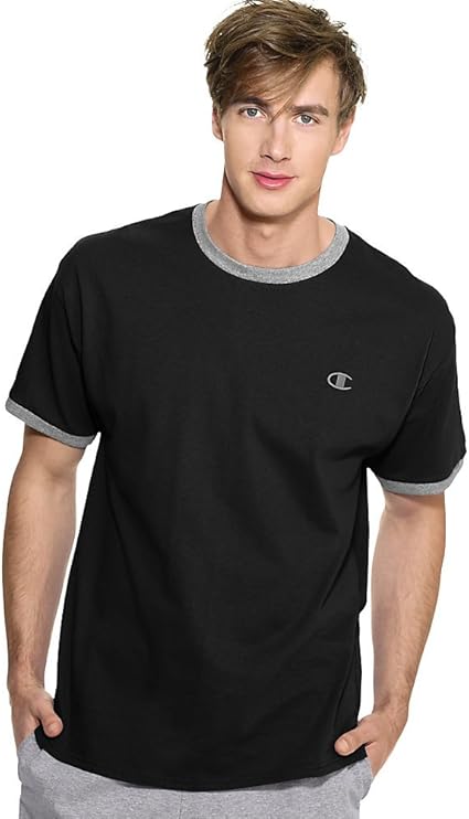 Champion Cotton Jersey Men's Ringer T Shirt, Black/Oxford Gray, 2XL at