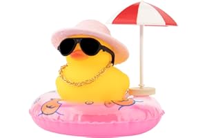 wonuu Rubber Duck Car Ornaments Duck Car Dashboard Decorations for Cute Car Accessories with Straw Hat Necklace Sun Umbrella and Sunglasses, Pink