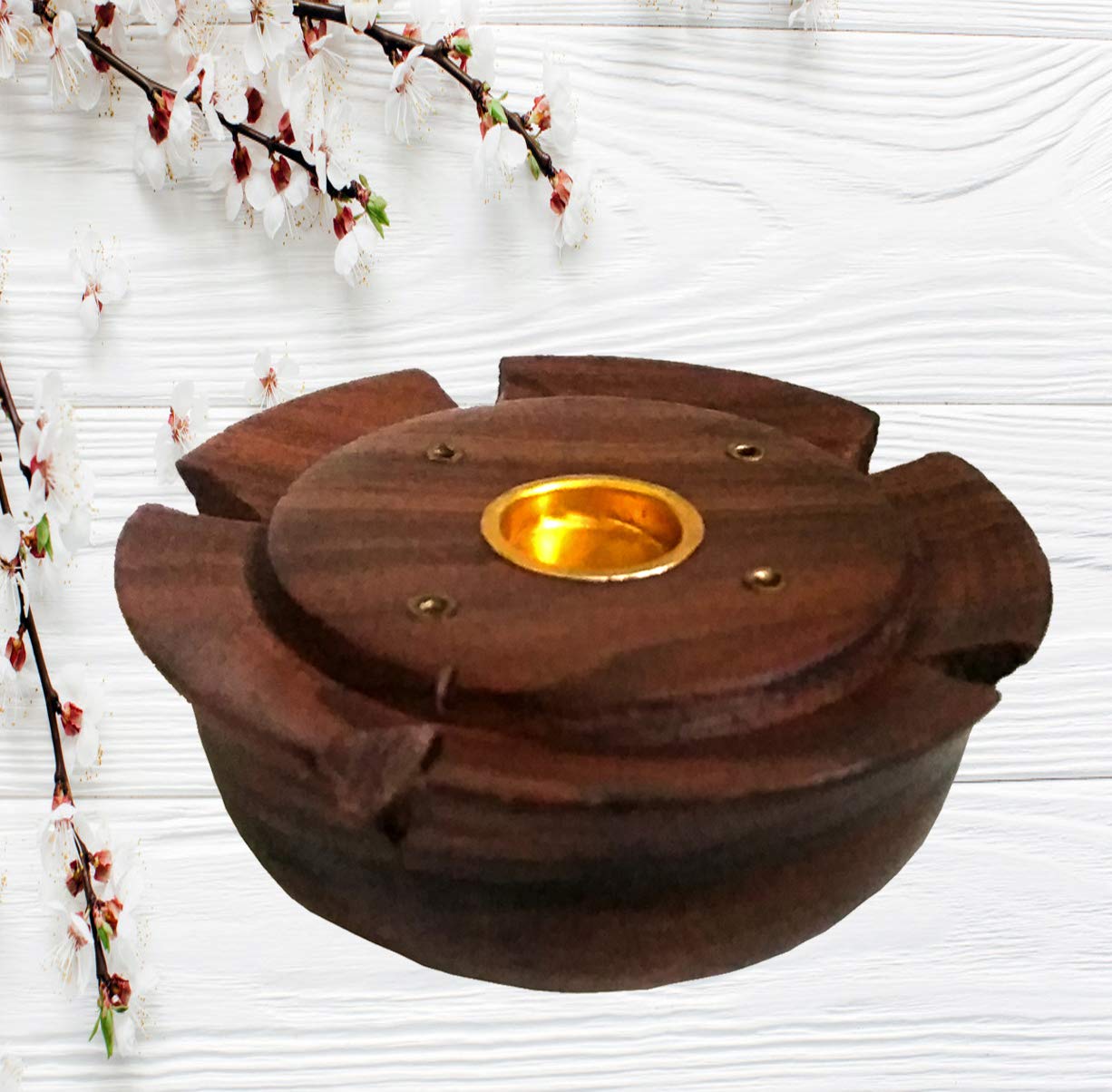 Indian Crafts idea Wooden Incense Holder, Wooden Handmade Incense Charcoal Burner Holder with Round Star Inlay Design 3x1