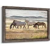 Wild Horses Wall Art Framed: Wildlife Animals Pictures Horse Artwork Painted Wood Painting for Bedroom(12x16)