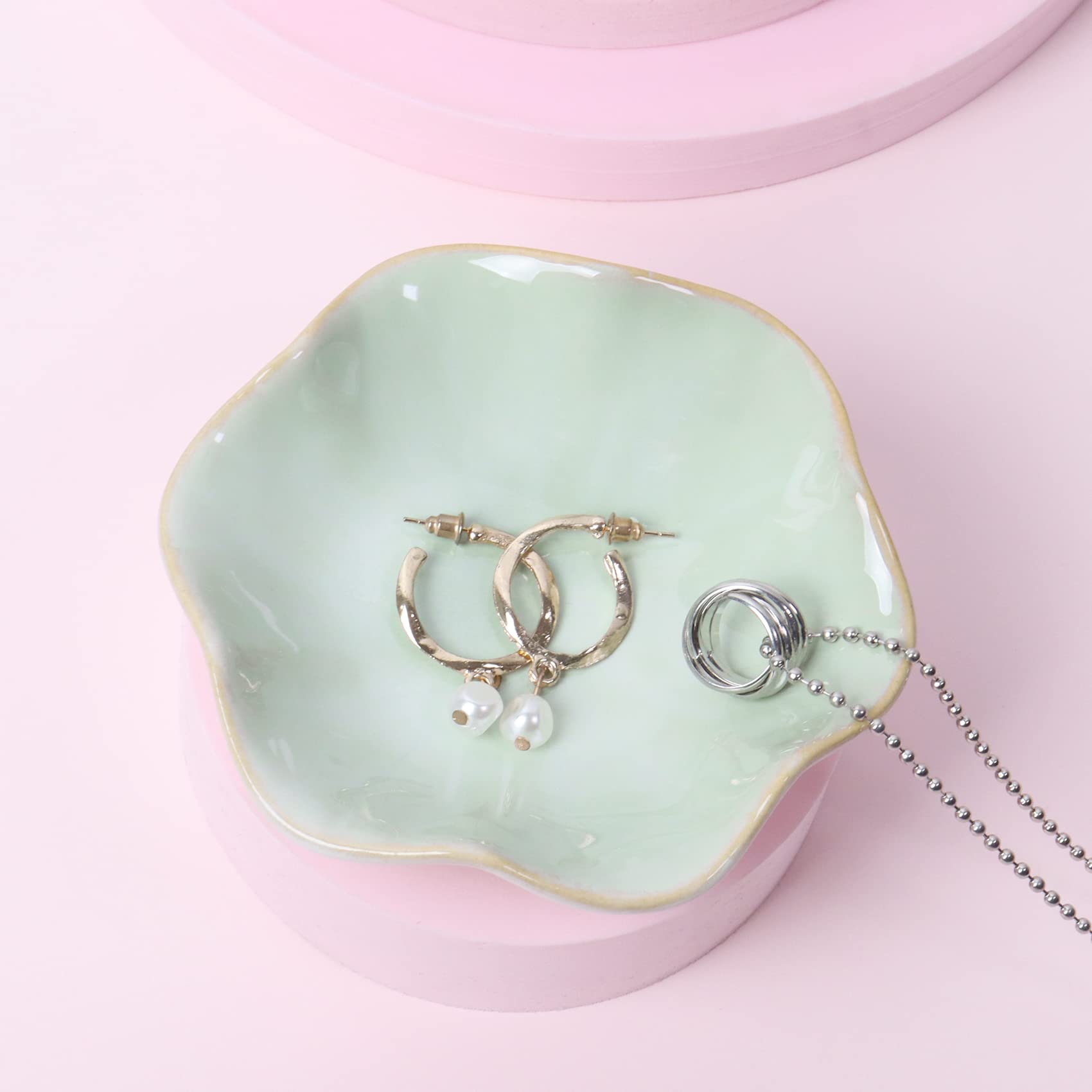Nideen Ceramic Trinket Dish, Jewellery Dish Trinket Tray, Jewelry Plate for Rings Earrings Necklace, Gift for Women Light Green