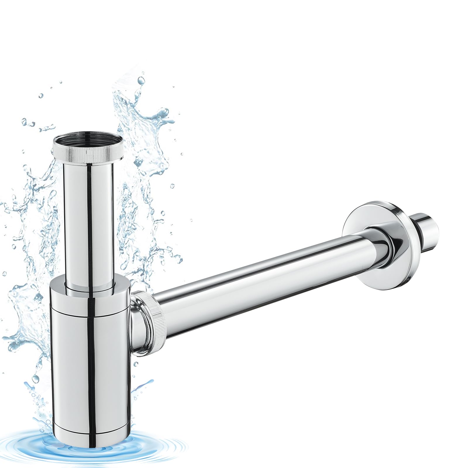 KINKIBOS Brass Bottle Trap Universal for Bathroom Sink & Washbasin, Hidden Cleaning Opening, Odor Trap, Adjustable P-Trap 1 1/4 x Φ32 mm, Chrome Drain Pipe