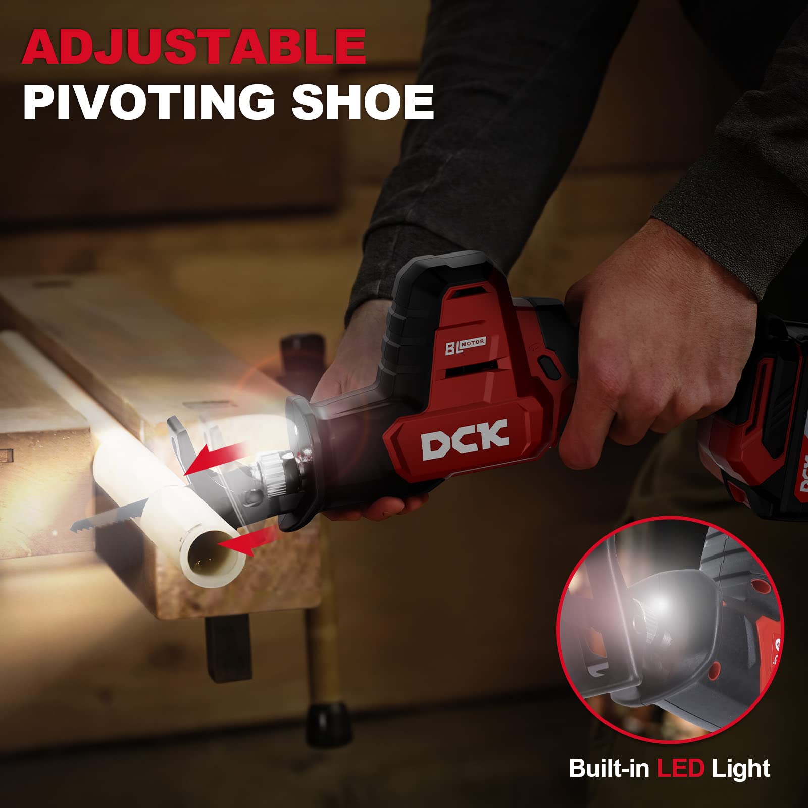 DCK Brushless Reciprocating Saw, 20V MAX Cordless Reciprocating Saw, 0-3000 SPM Variable Speeds, with 4.0Ah Battery & 2A Charger, LED Light, One Hand Saw Kit, 4 Blades Saw for Wood/Metal/PVC