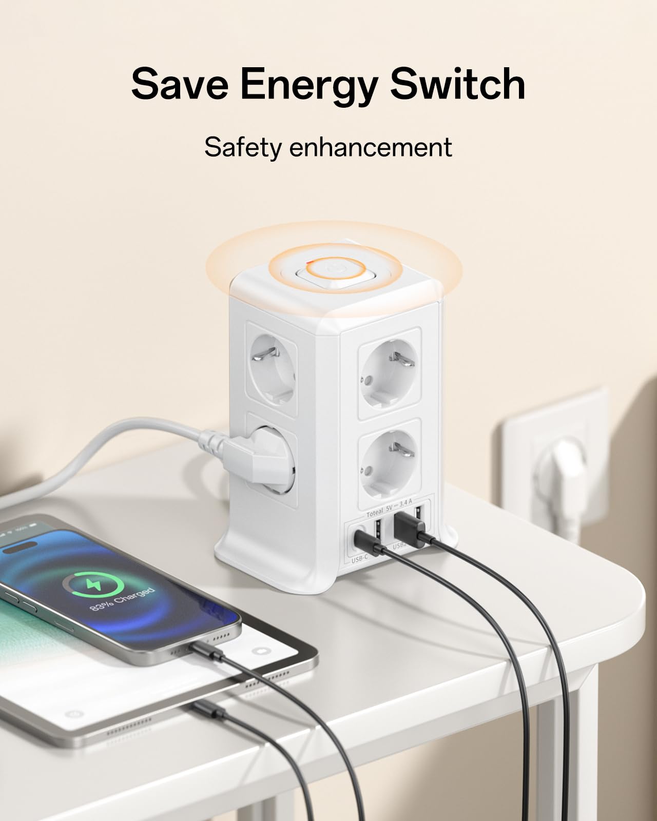 Mehrfachsteckdose mit USB-C, 8 Fach Steckdosenleiste mit Schalter, Steckerleiste mit 4 USB, Mehrfachstecker 2M Verlängerungskabel, Steckdosenwürfel mit Überspannungsschutz für Zuhause, Büro,Küche 6