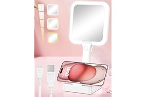 Benbilry Lighted Handheld & Tabletop Mirror with 3 Color Dimmable Lights, 5X Magnification & Phone Holder Base, Rechargeable Double Sided Hand Mirror, Portable Magnifying Travel Makeup Mirror