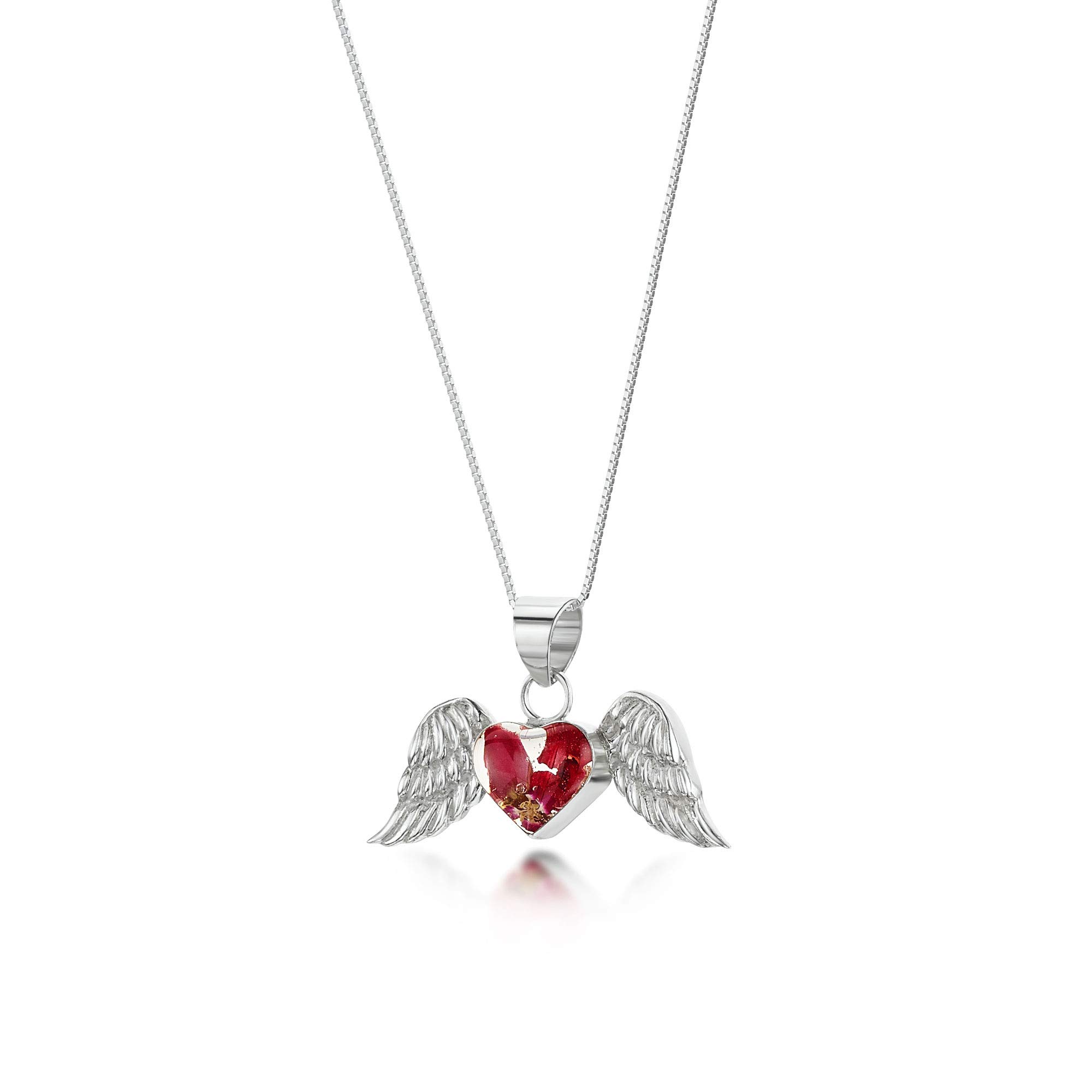 Shrieking Violet 925 Sterling Silver Heart Wings Real Flower Pendant Necklace - Assorted Flowers (Red)