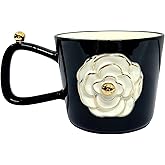 Hikiwin 3D Flower Ceramic Coffee Mug, 11.8oz Vintage Floral Cappuccino Mug, Personalized Ceramic Women Coffee Mug Tea Cup, Bridal Shower Gifts, Black, 1 Piece