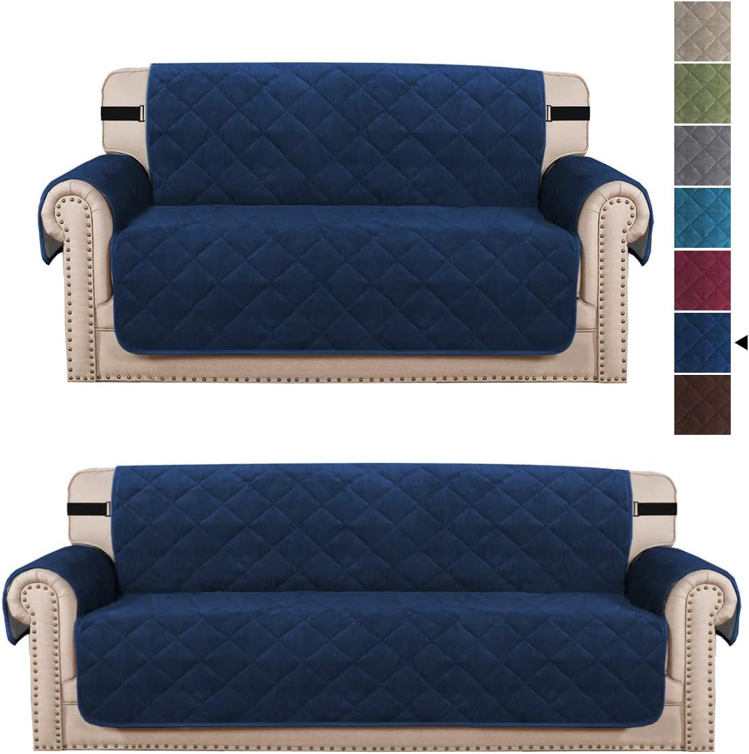 Velvet Navy Loveseat Slipcover and Wider Sofa Slipcover