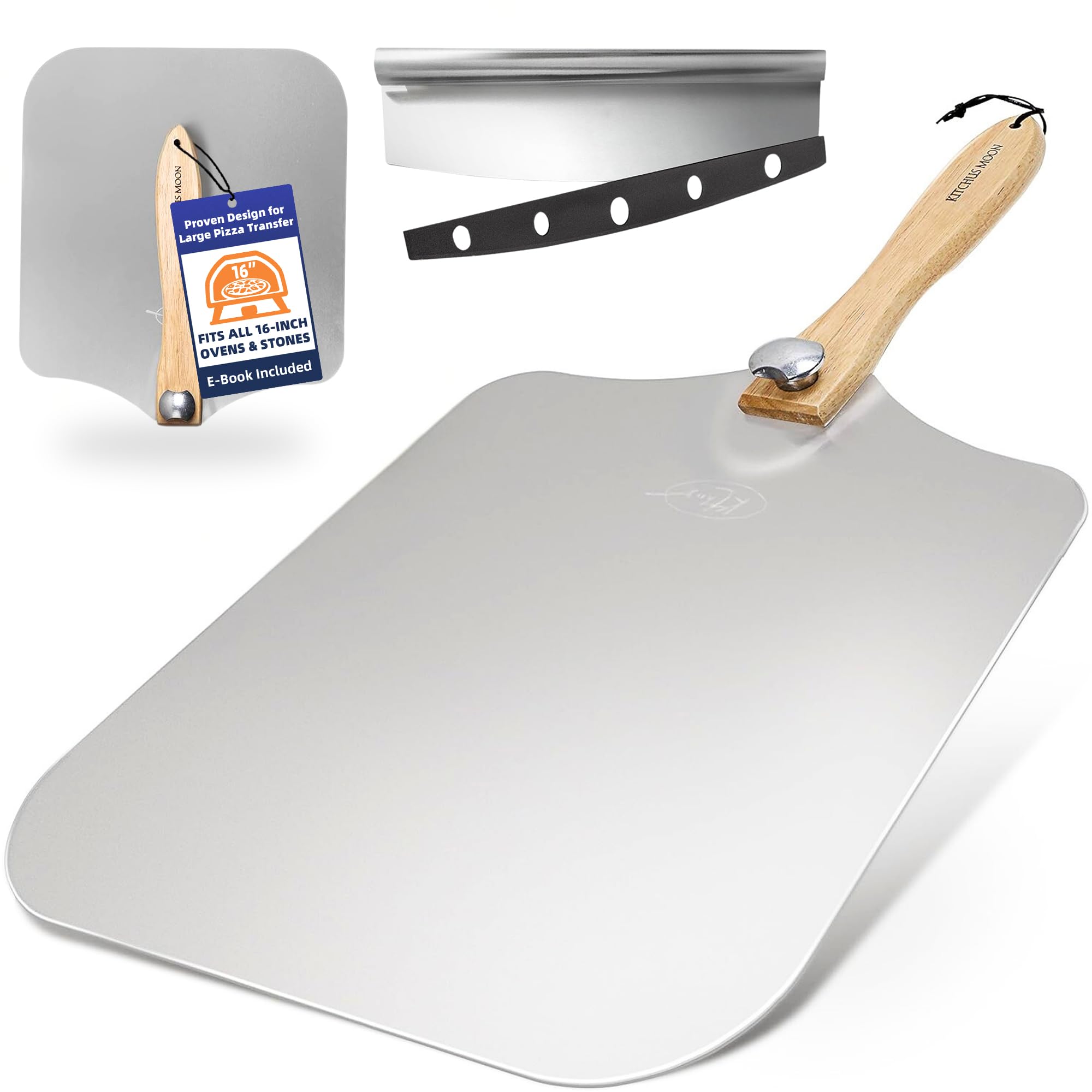 Photo 1 of KITCHUS MOON Large Pizza Peel 16 inch - Extra Large Metal Pizza Peel with 14 inch Stainless Steel Pizza Cutter Rocker, Pizza Paddle with Folding Handle (13"x16" with 14" Cutter)
