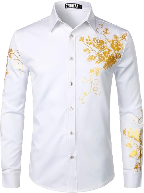 PARKLEES Herren Hemd | Gold Rose Print | Slim Fit | Kurzarm | Button-Down | Für Freizeit & Business