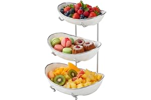Tmore 3 Tier Fruit Bowl for Kitchen Counter, Tiered Fruit Basket for Counter, Ceramic Serving Bowls with Metal Stand, Fruit B