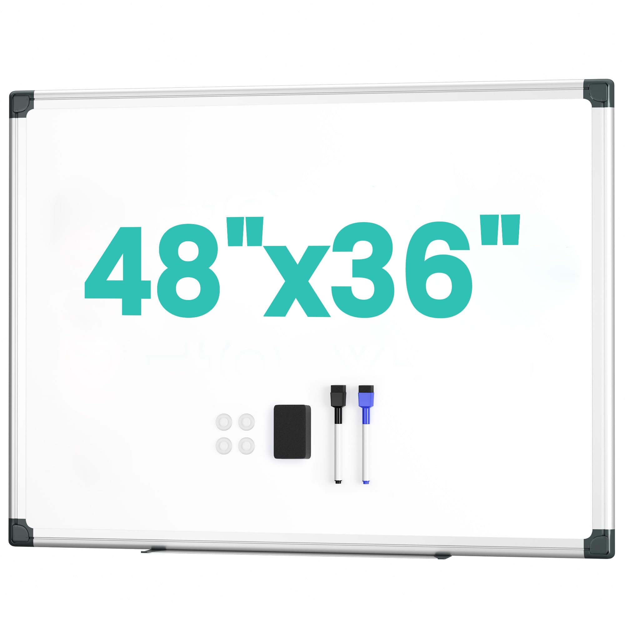 Photo 1 of **SCRATCH DAMAGE**VUSIGN Dry Erase Board/Magnetic Whiteboard for Wall, 48" x 36" for Office, Class, Home, 1 White Board Eraser, 2 Multicolor Markers, 4 Magnetic Pins, Aluminum Frame, Silver