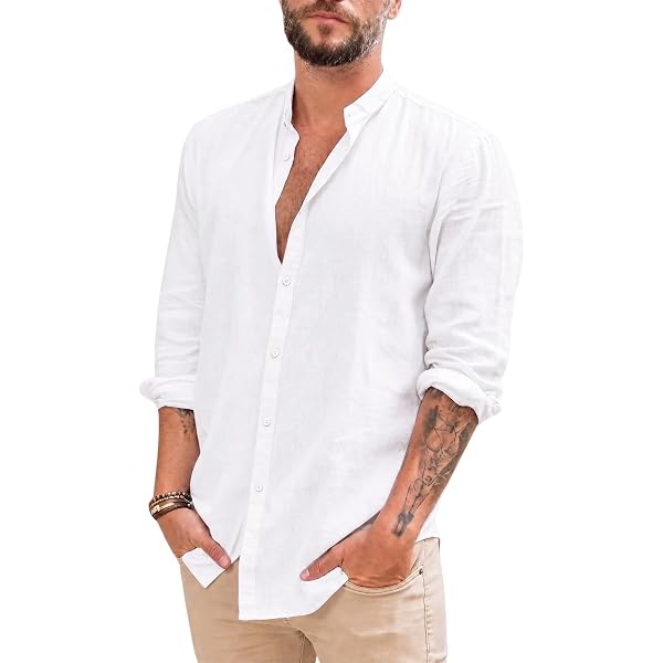 LVCBL Camisa De Lino Y Algodón Para Hombre: Suave, Transpirable Y Elegante Para Primavera/Verano (Cuello Tuneciano, Manga Larga, Corte Regular)
