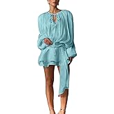 Women's Lantern Sleeve Ruffle Mini Dress Tie Up Front Pleated Swing Dress for Casual Summer Going Out