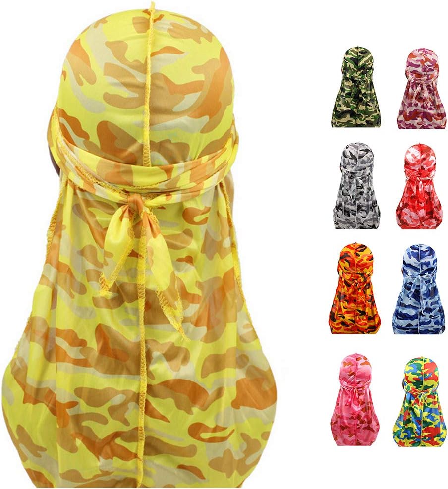 Colorful Military Camouflage Waves Long Tail Caps Bandana Turban Silky Durag Headwraps for Men and Women
