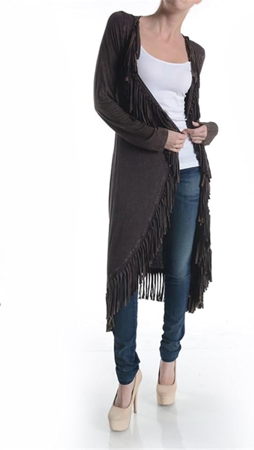 T Party long cardigan fringe dark brown mineral washed rayon (large) at Amazon Womenâs Clothing 
