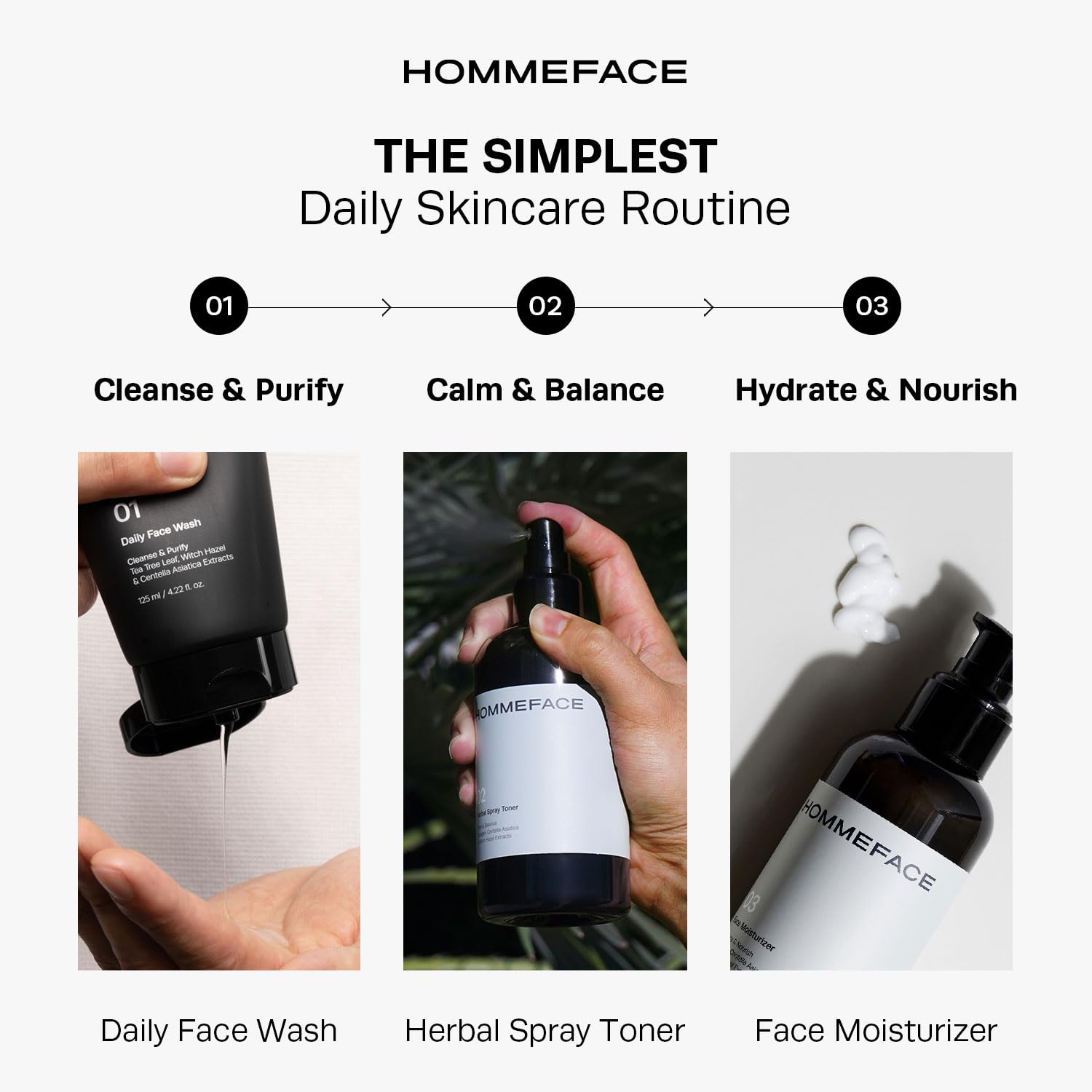 HommeFace Men’s Daily Trio 3-Step Daily Routine Set with Face Wash, Herbal Spray Toner & Moisturizer - Korean Skincare Technology with CICA, Tea Tree Leaf & Witch Hazel Extracts, for All Skin Types