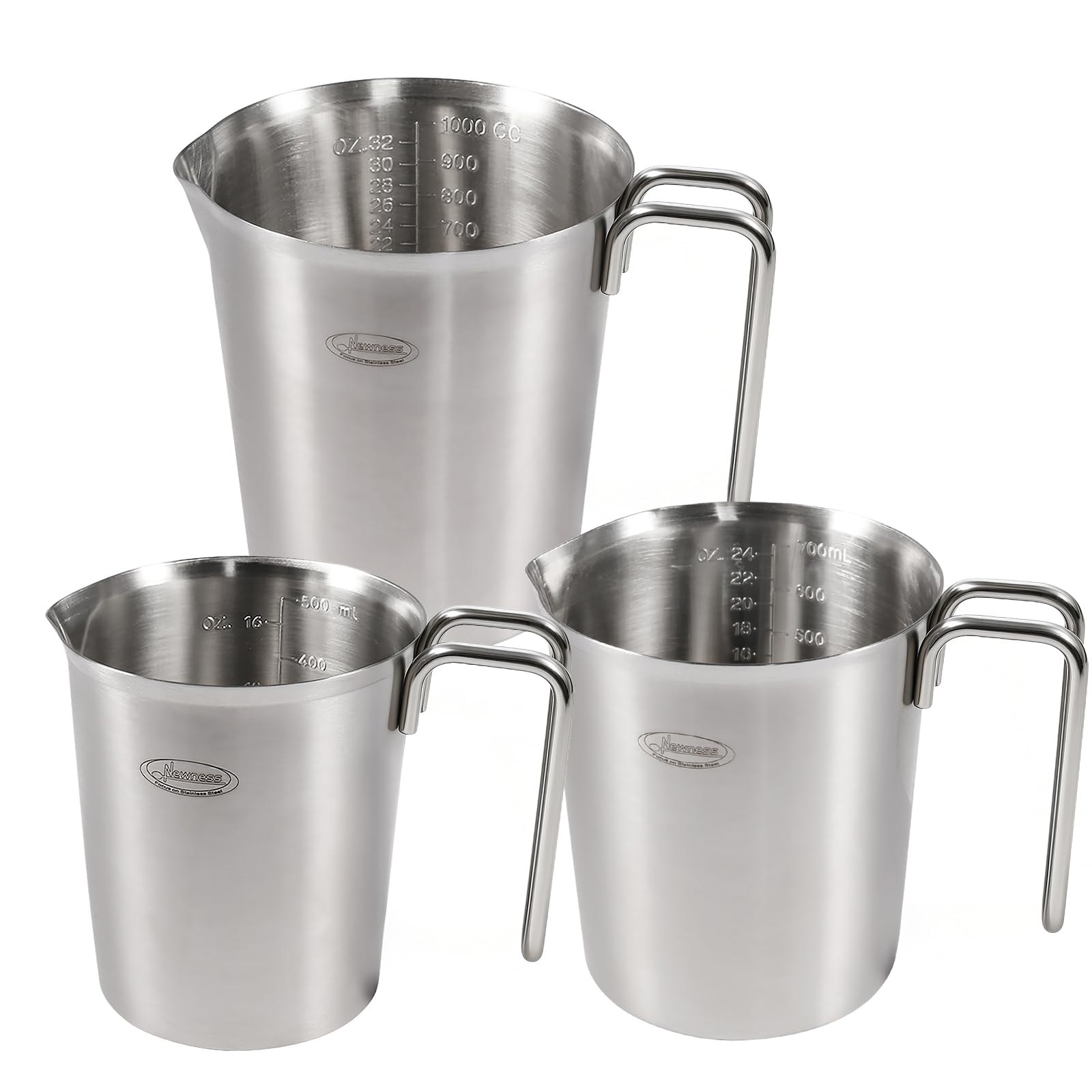 Newness 3-Pack Stainless Steel Measuring Cups Set, (3 Marking Including Cup/ML/Oz Scale) (2, 3 & 4 Cup) Metal Measuring Cup with Handle For Prepping, Baking and Cooking, Dishwasher, Microwave Safe Image