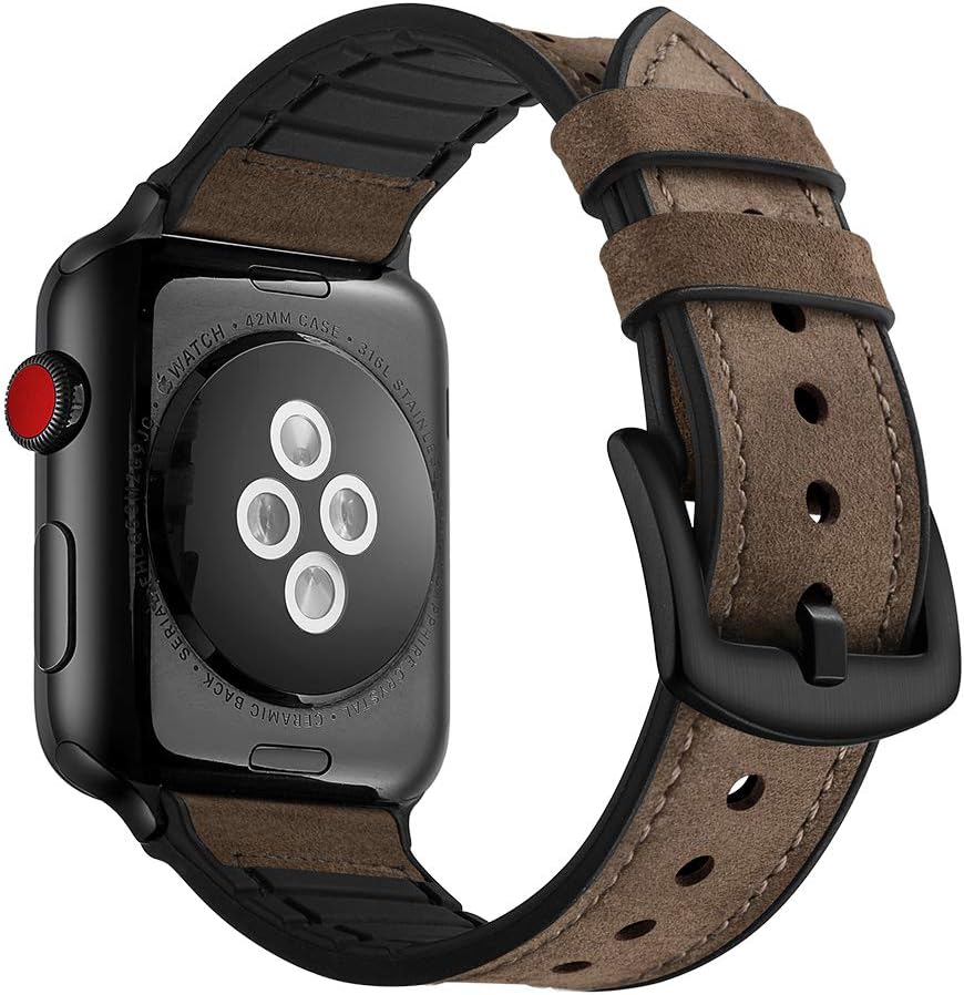 Hybrid Leather Sports Band Compatible with Apple Watch 42mm 44mm, RUCHBA Luxury Comfort Practicality Sweatproof Silicone Leather Replacement Straps Compatible with iwatch Space Black 4 1 2 3 Dark Brow