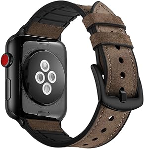Hybrid Leather Sports Band Compatible with Apple Watch 42mm 44mm, RUCHBA Luxury Comfort Practicality Sweatproof Silicone Leather Replacement Straps Compatible with iwatch Space Black 4 1 2 3 Dark Brow