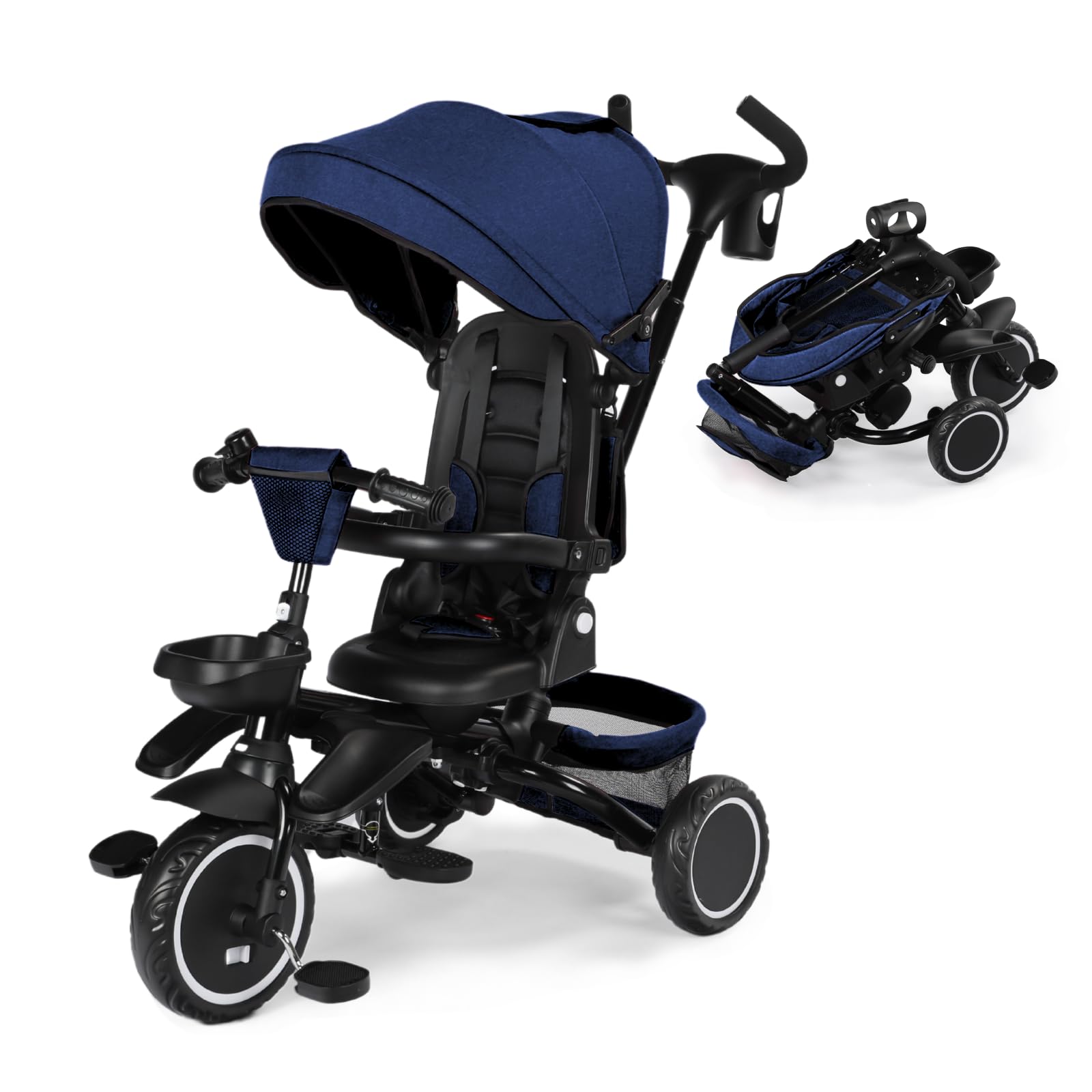 Kinder King Kids Tricycle, 8 in 1 Folding Toddler Trike w/Adjustable Push Handle, Rotatable Seat, Adjustable Canopy, Bell, Five-Point Harness, Storage, Bike Tricycle for Toddlers 1-3, Blue