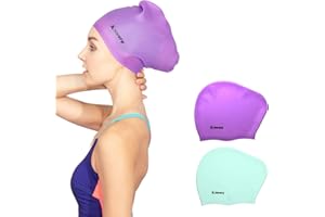 Keary 2 Pack Updated Silicone Swim Cap for Long Hair Women Girl Waterproof Bathing Pool Swimming Cap Cover Ears to Keep Your Hair Dry, 3D Soft Stretchable Durable and Anti-Slip, Easy to Put On and Off