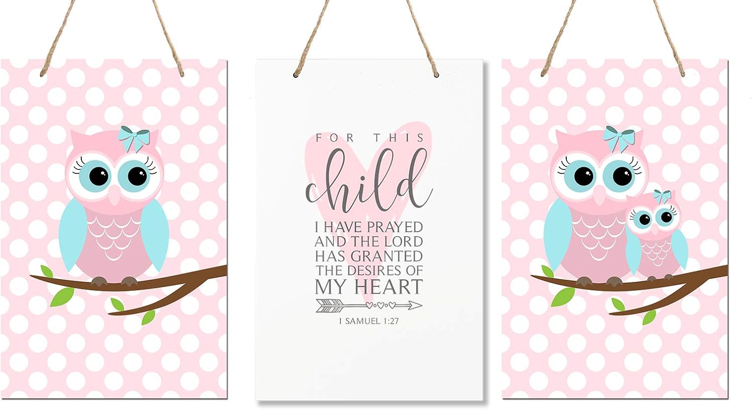 LifeSong Milestones for This Child I Have Prayed 3pc Owl Wall Decor Decorations Hanging Signs for Kids, Bedroom, Nursery, Baby Boys and Girls Room Size 8” x 12” 3pc Set (Pink & Blue)