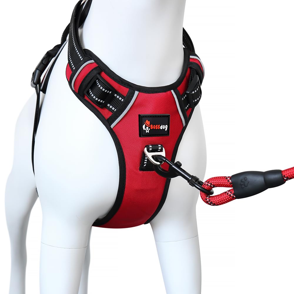 Bossdog No Pull Dog Harness and Lead Set | Anti Pull Harness for Small, Medium, Large and Puppy Dogs | Features Sturdy Top Handle and Reflective Strips (Extra Large, Red)