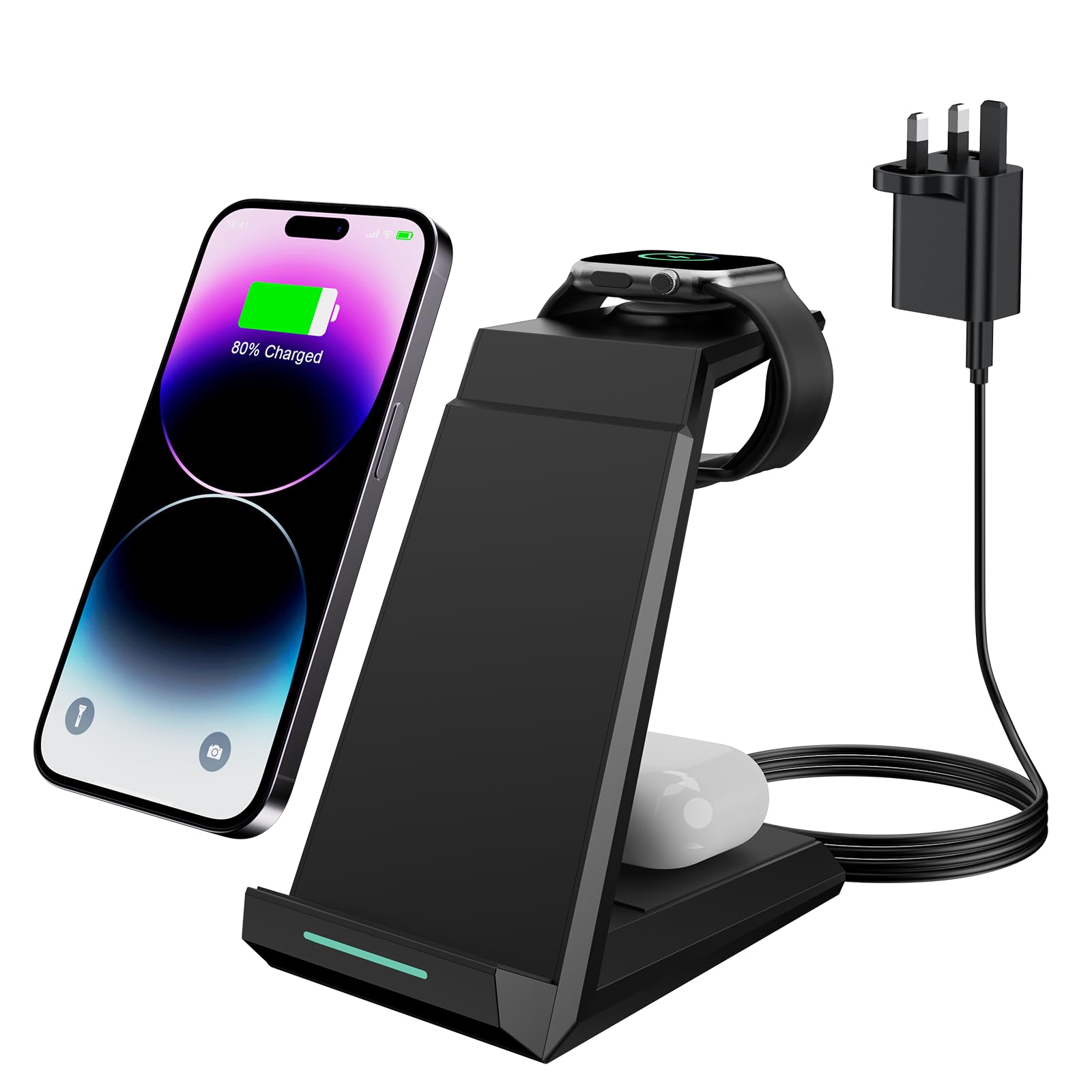 Wireless Charger 3 in 1 - ADADPU 15W Fast Charging Station for Apple Watch Series 10/9/8/7/6/SE/5/4/3/2 Charger Stand for Multiple Devices iPhone 17/16/15/14/13/12/11 Pro Max/XS/XR/X/8 Airpods Pro