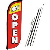 LookOurWay Feather Flag Pole Kit - 7 Feet Tall Advertising Banner with Fiberglass Pole Set and Ground Spike for Business Promotion - Open Flags - Now Open Red & Yellow
