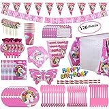 Unicorn Party Supplies Set with Disposable Tableware, Cake Toppers, Party Hanging Decoration Kit, Blowouts, Eye Masks, Invitation Cards &Gift Bags Kids Party Favors (party set)