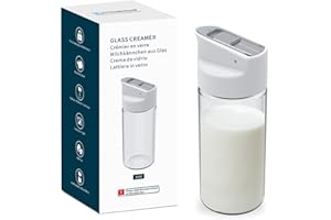 Glass Creamer with Fresh-Keeping Lock Mechanism, Drip-Free Spout, 12 oz Milk Pitcher with Lid, Borosilicate Glass Creamer Con