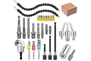 GREDNFHAT 32pcs Flexible Drill Bit Extension Set, Rotatable Joint Socket 1/4 3/8 1/2 Inch Hex Socket Adapter, 105°Right Angle Drill Attachmen, Bendable Drill Bit Extension Screwdriver Kit with a Box (Silvery)