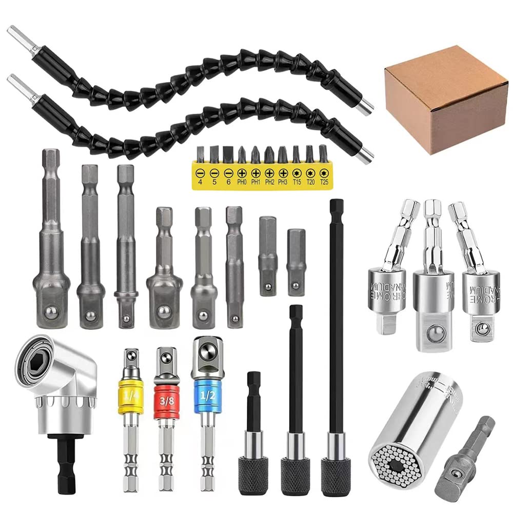 Photo 1 of 32pcs Flexible Drill Bit Extension Set, Rotatable Joint Socket 1/4 3/8 1/2 Inch Hex Socket Adapter, 105°Right Angle Drill Attachmen, Bendable Drill Bit Extension Screwdriver Kit with a Box (Silvery)