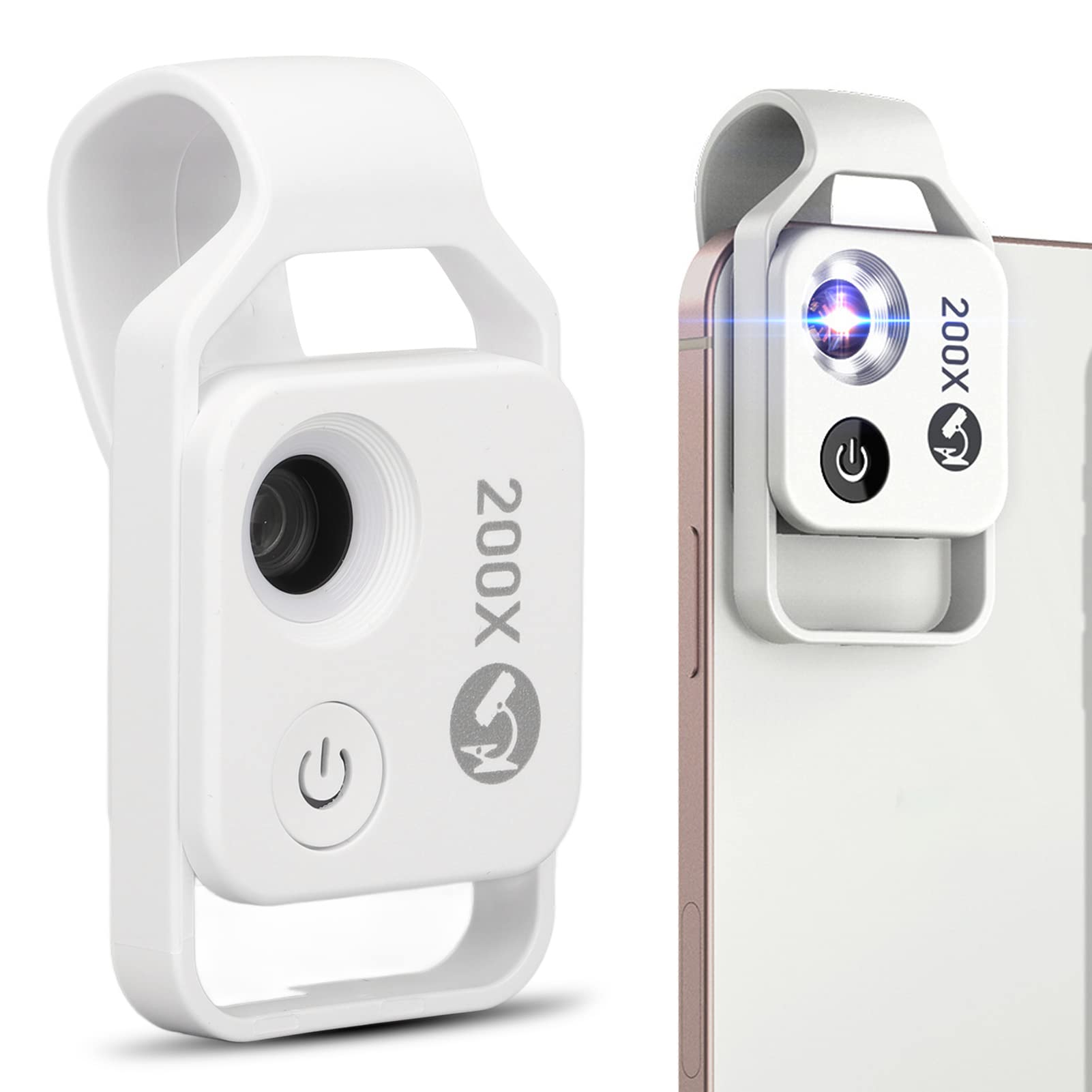 200X Phone Mini Microscope, Clip Design, LED Light, Compatible with for IOS,for Android, CPL for Jadestone Metal Observation (White)
