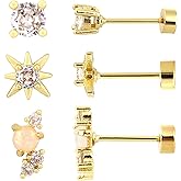 Gold Flat Back Earrings, 3 Styles Gold Filled Cartilage Earrings Stylish Cubic Zirconia Studs Jewelry Gifts Flat Back Earring for Women