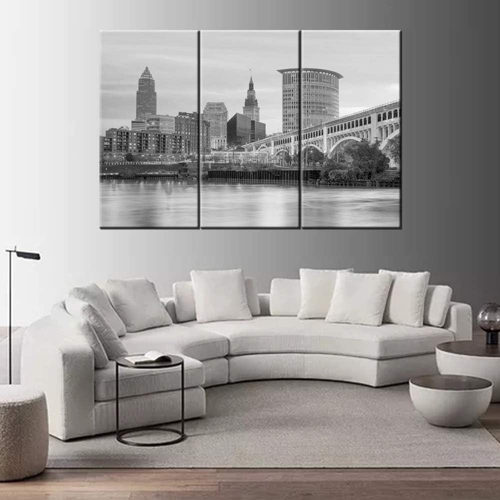 TUMOVO 3 Piece Modern Black and White Ohio USA Wall Art Downtown Cleveland Skyline at Night Pictures on Canvas Print Painting Home Decoration Framed Art Work for Living Room - 20 x 40inch x 3 Panels