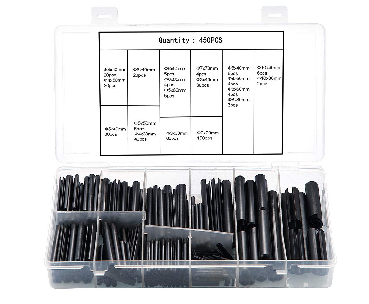 Slotted Spring Pin Assortment Set - 450pcs Steel Dowel Roll Pins Mixed Sizes Black