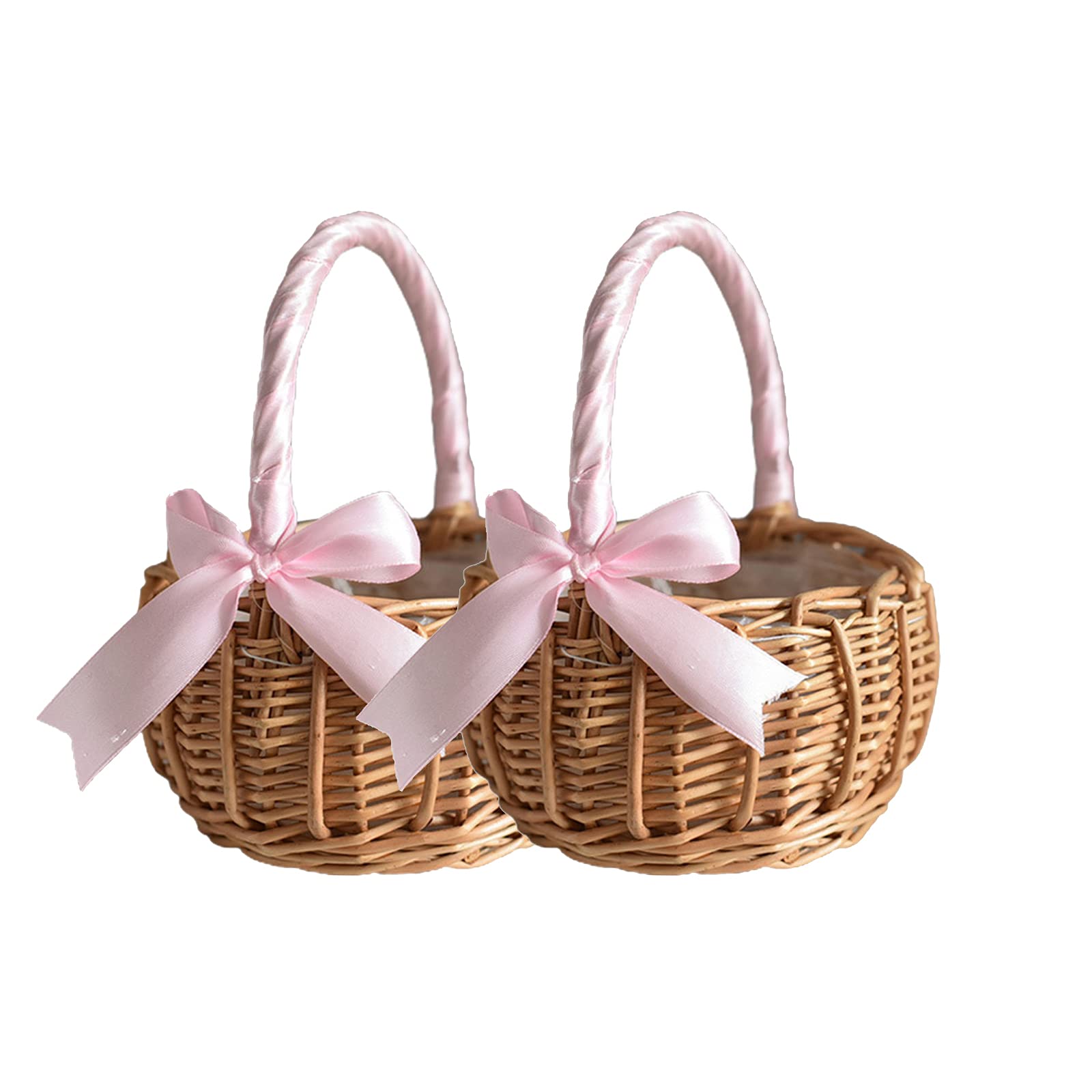 Pumpumly 2-Pack Flower Girl Basket - Rattan Flower Basket Wedding Flower Girl Baskets with Handles and Ribbon,Handmade Rustic Woven Storage Basket for Wedding Home Garden Decor