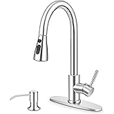 Herogo Brushed Nickel Kitchen Sink Faucet Set with Pull Down Sprayer and Soap Dispenser, Stainless Steel Rv Outdoor Kitchen Faucet for 1-3 Hole with Pop Up Drain, Deck Plate and Supply