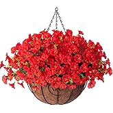 HyeFlora Artificial Fake Hanging Flowers for Outdoors Baskets Spring Decor, Faux Hanging Plants Outside Silk Morning Glory in Planter Look Real UV Resistant for Outdoor Porch Patio Garden Home, Red