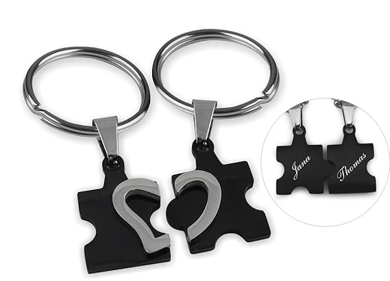 TH-Design Wunderschöner Partner Puzzle Herz Schlüsselanhänger schwarz inkl. Gravur Wunschname (Schwarz)