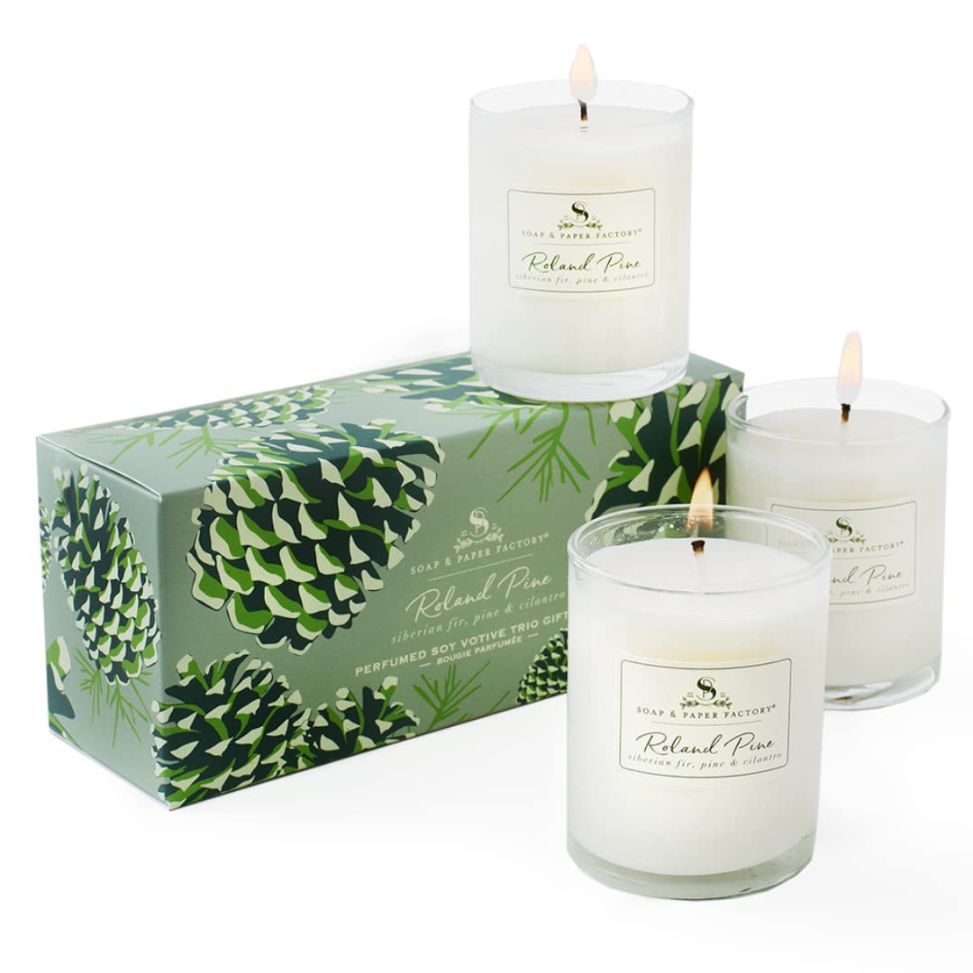 Photo 1 of ** MISSING ONE CANDLE ** Soap & Paper Factory Roland Pine Votive Trio Gift Set - 3 x 2.4 oz Votive Soy Candles