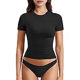 YEOREO Women Fitted Workout Tops Short Sleeve Double Lined Basic Y2K Going Out Crew Neck Compression Crop Top